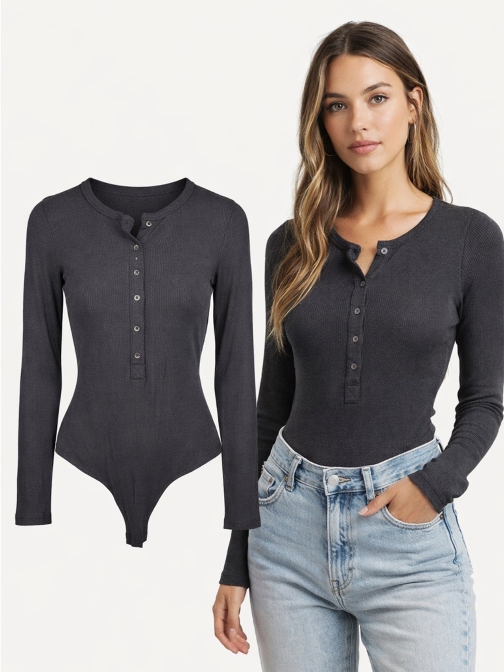 Betro Simone | Black Ribbed Long Sleeve Henley Bodysuit | S